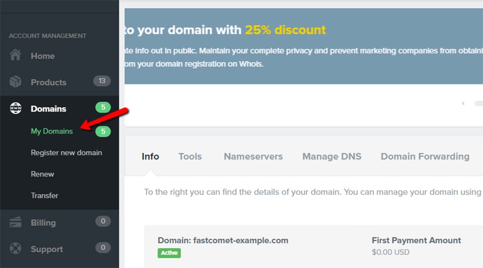 Find My Domains in FastComet Client Area