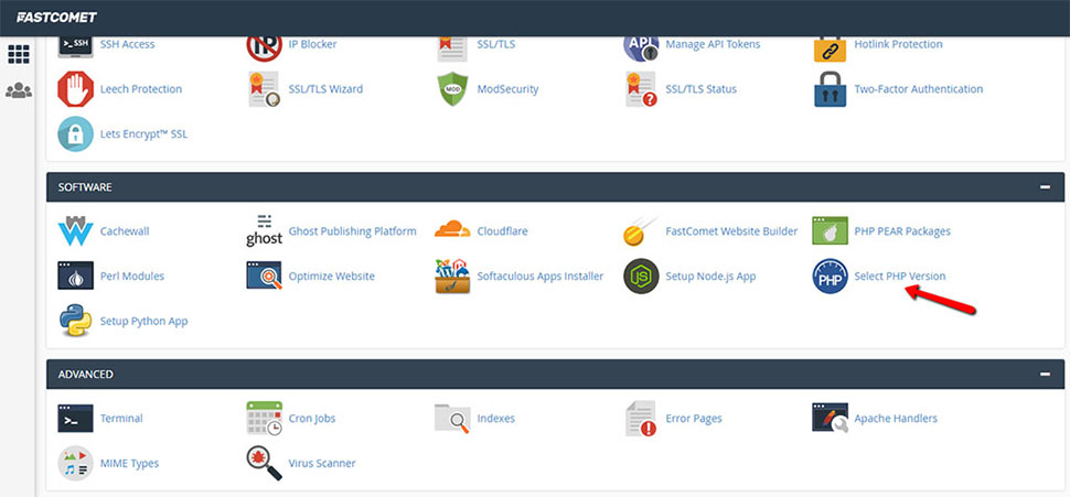 Find PHP Selector in cPanel