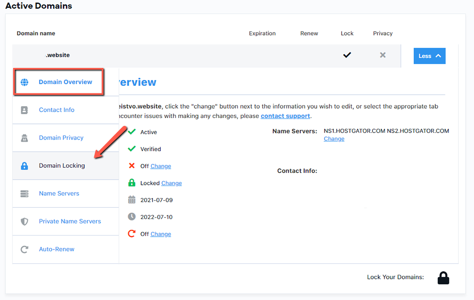 HostGator Domain Locking