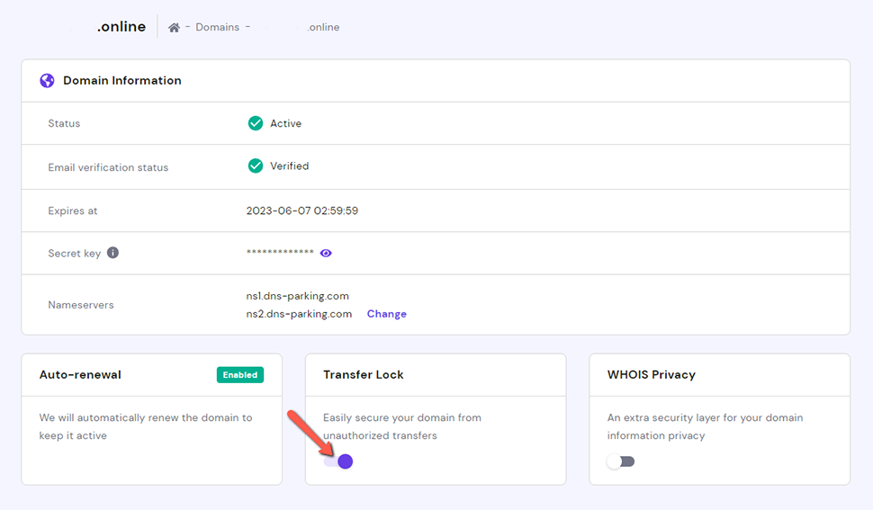 Disable Domain Transfer Lock Hostinger