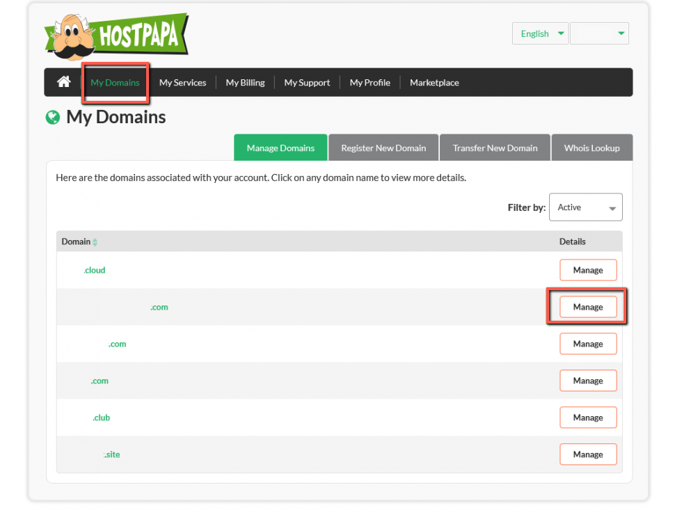 HostPapa Manage Domains