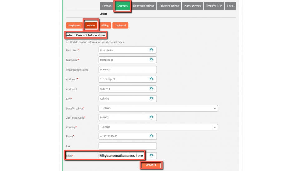 Update Contact Information HostPapa