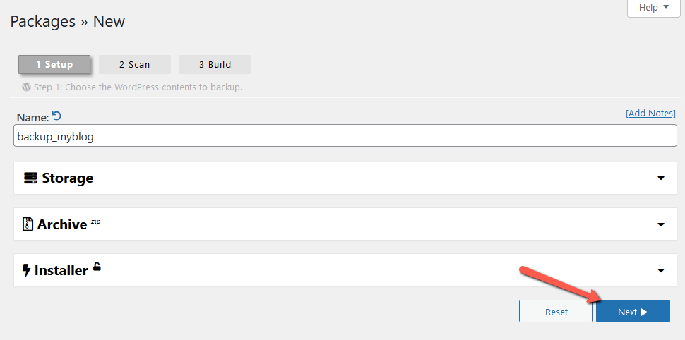 Name Your WordPress Backup Package