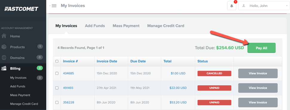 Pay All FastComet Invoices