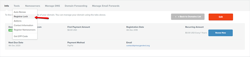 Registrar Lock Domain Name