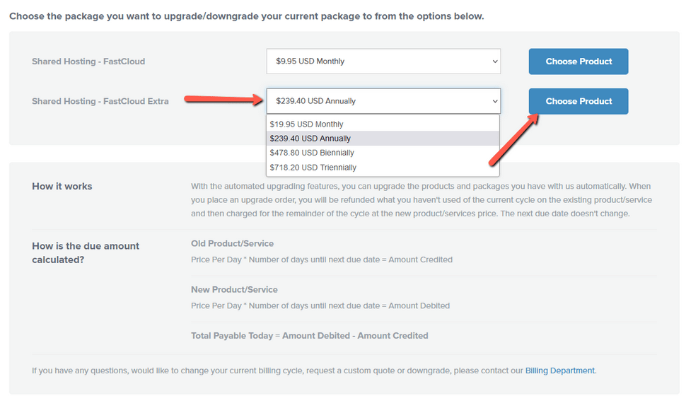 Select a Shared Package Upgrade Option