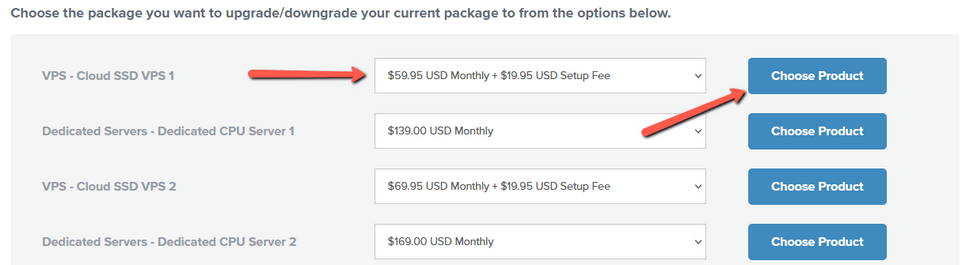 Select VPS Package Downgrade Option