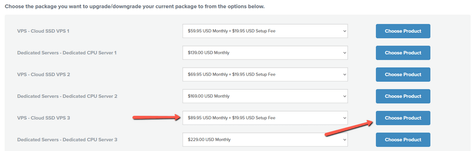Select VPS Package Upgrade Option