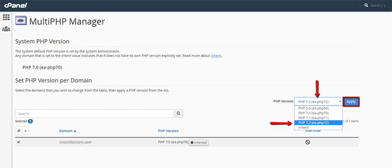 Select VPS PHP Version in cPanel and Click Apply