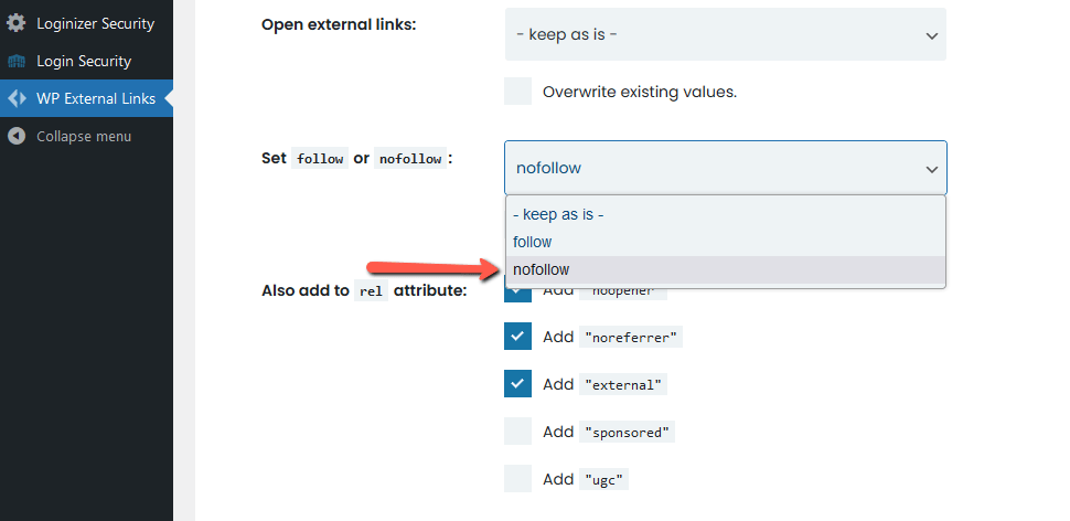 Set WP External Links to Nofollow