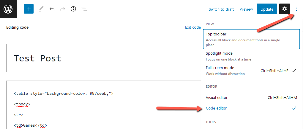 Switch to Code Editor in WordPress