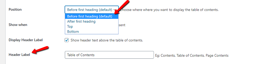 Easy Table of Contents Settings