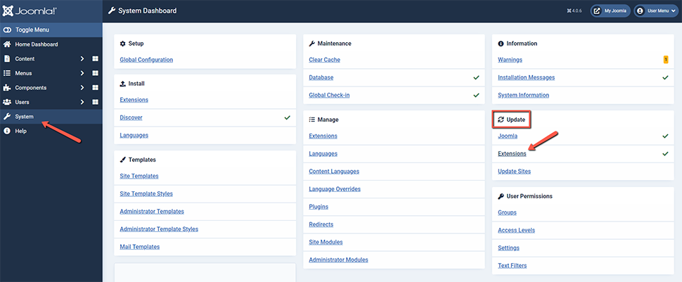 Update Extensions in Joomla