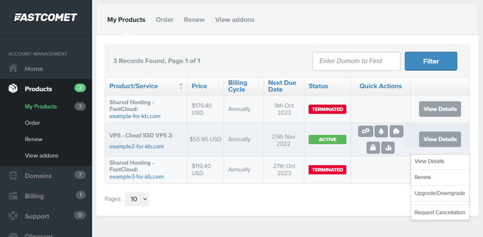 VPS Hosting Package Upgrade and Downgrade Menu