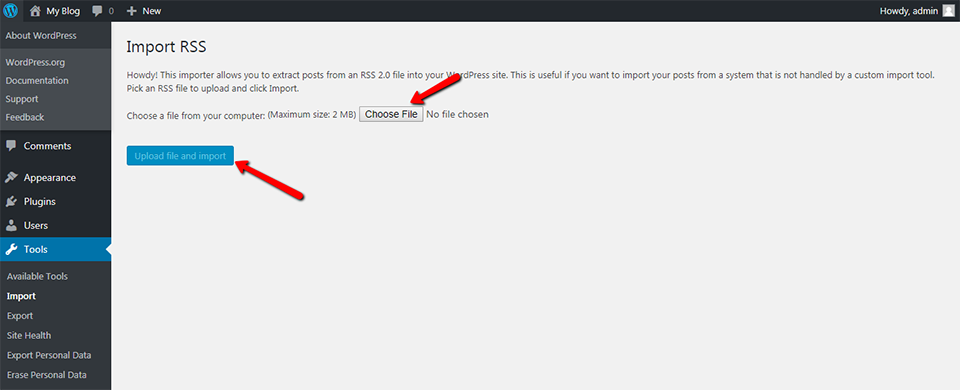WordPress Choose RSS File to Import