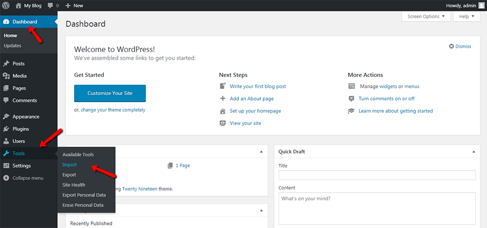 WordPress Dashboard Tools Import