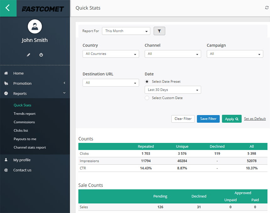 FastComet Affiliate Dashboard Detailed Performance Reports