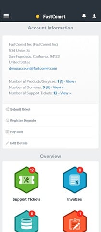 FastComet Client Area Homepage Mobile