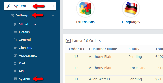 accessing the system configuration page