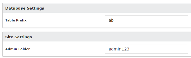 Configuring the Database and Site Settings sections