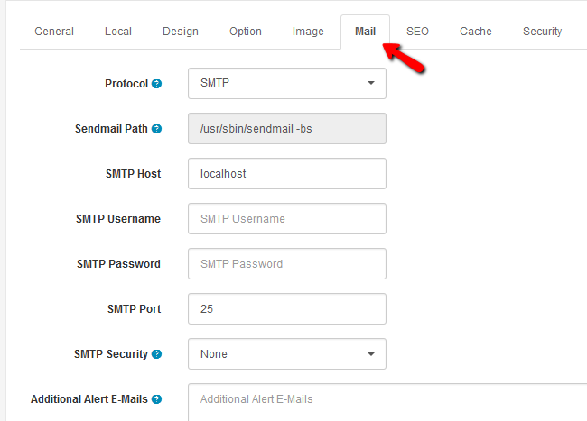 Arastta SMTP Settings in Mail Tab