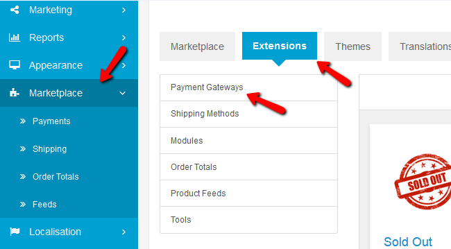 Access the Payment Gateways Section of the Extensions Menu in Arastta