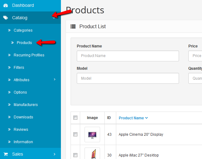 Accessing the Products menu