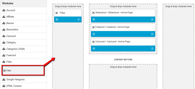 Drag and Drop the Filter Module to the Sidebar in Arastta
