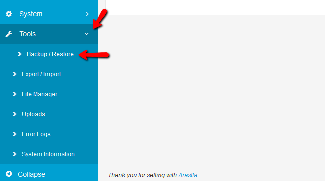 Accessing the Backup and Restore Tool in Arastta