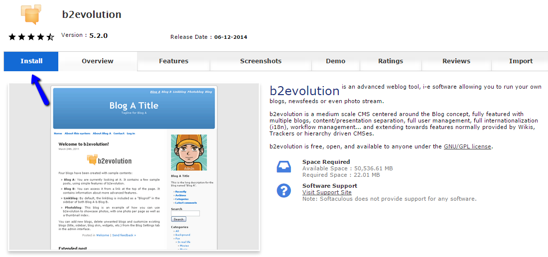 Install b2evolution via Softaculous