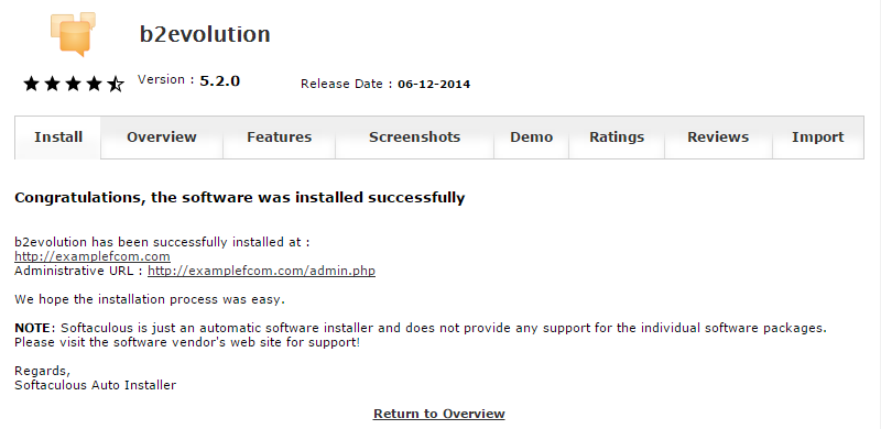 b2evolution installation via Softaculous completed