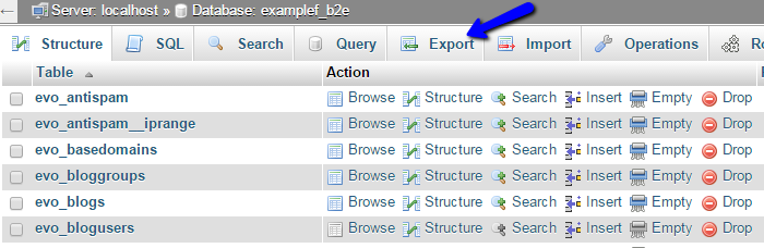 Export your b2evolution database via phpMyAdmin