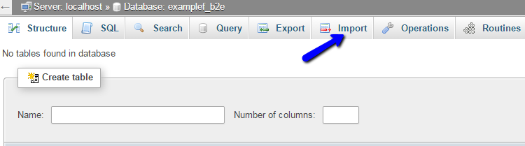 Select Import option to restore b2evolution database