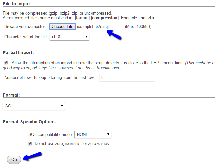 Initiate import of your b2evolution database