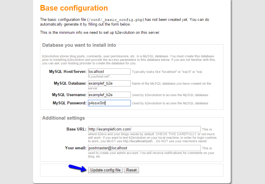 Configure b2evolution basic setup and MySQL details