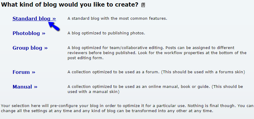 Create a b2evolution standard blog