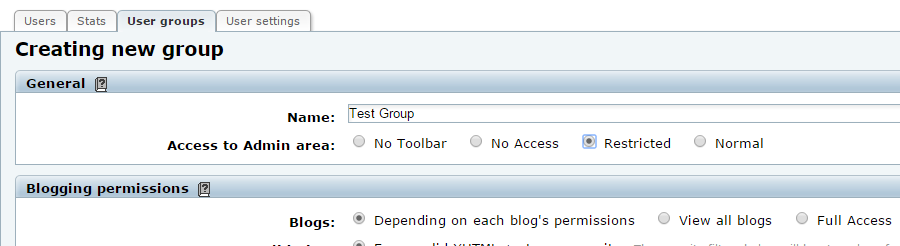 Configure a new user group in b2evolution