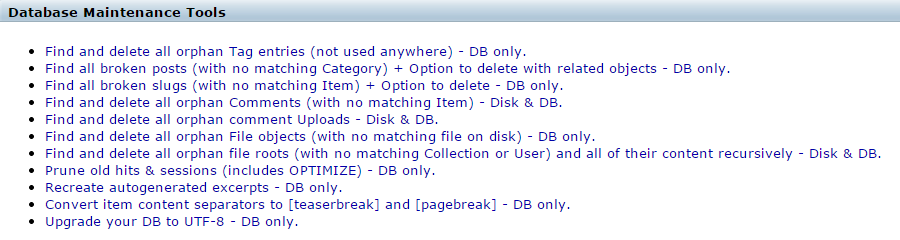 Database maintenance tools in b2evolution