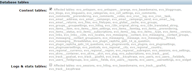 Select database tables to include in b2evolution backup