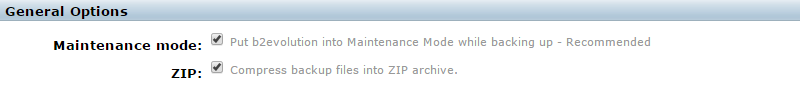 Select general options during b2evolution backup