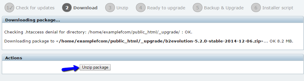 Automatically unzip the b2evolution upgrade package