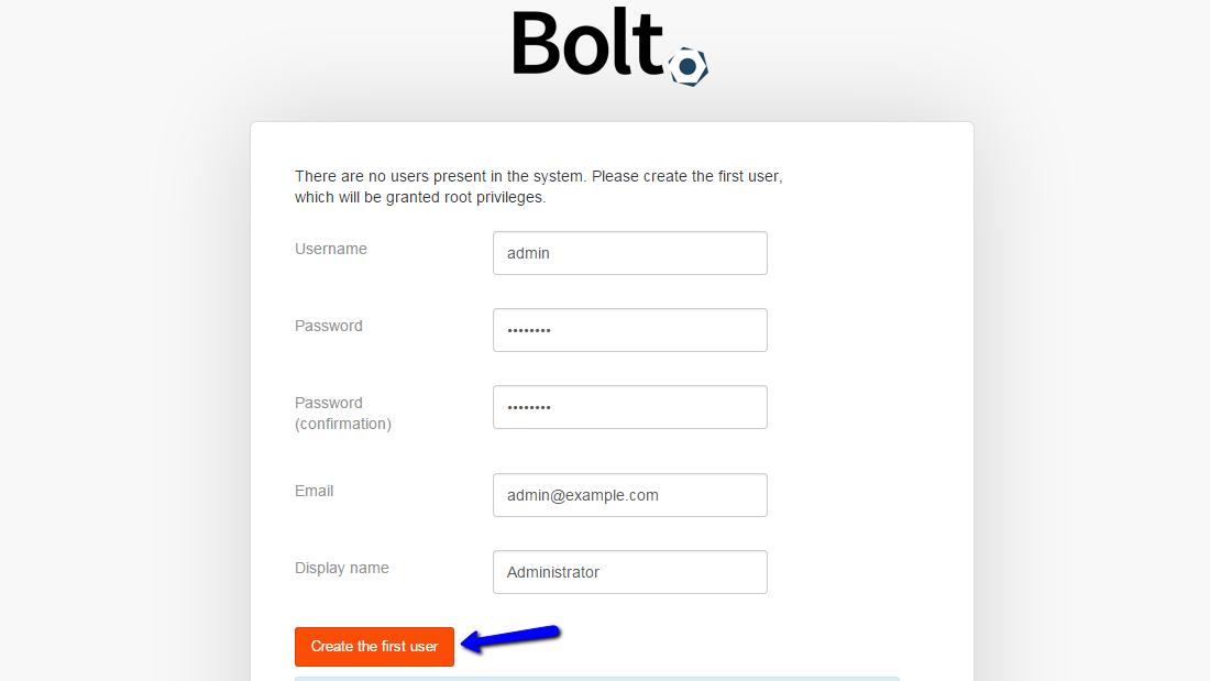 Create First User in Bolt