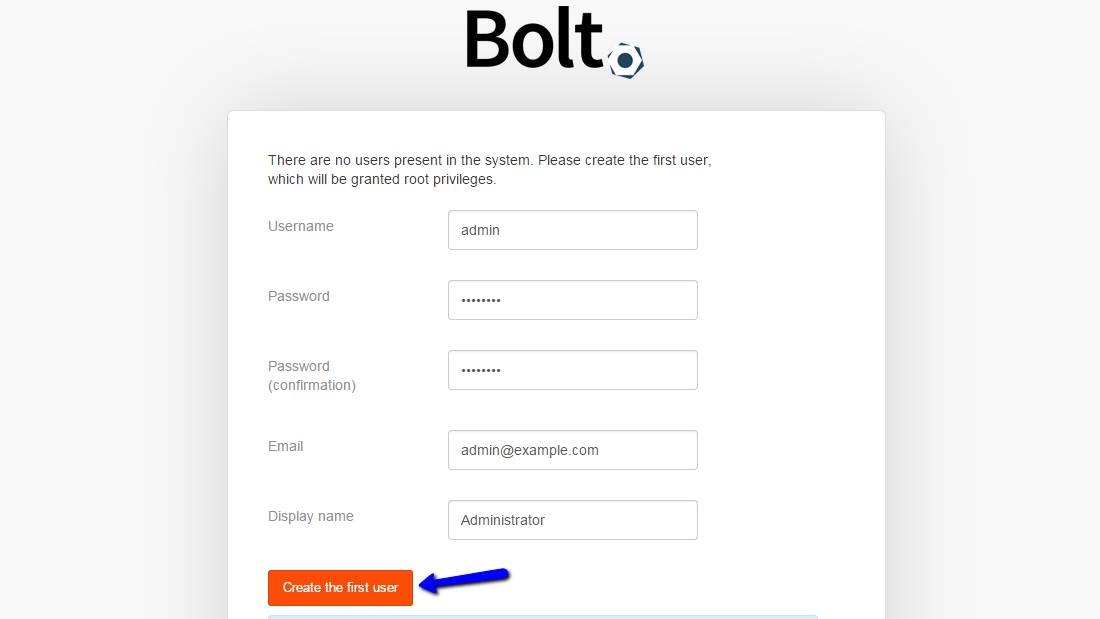 Create the First User in Bolt