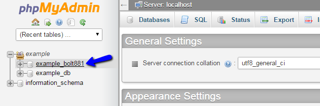 Select a database via phpMyAdmin in cPanel