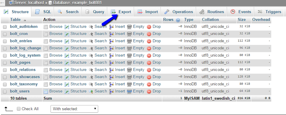 Review database tables via phpMyAdmin service in cPanel