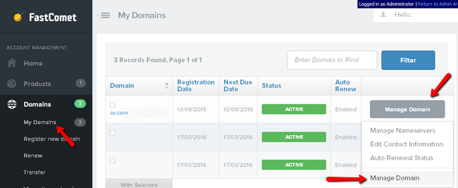 Managing the domain nameservers in FastComet