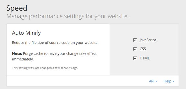 Auto minify web speed optimizatio noption in CloudFlare
