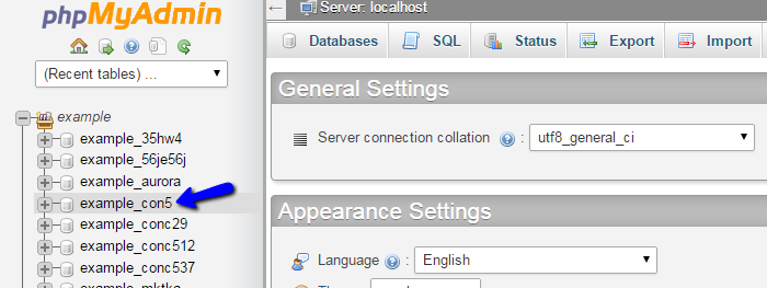 Select Concrete5 database in phpMyAdmin