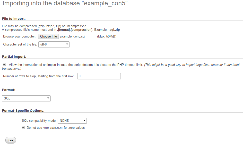 Upload and restore database via phpMyAdmin