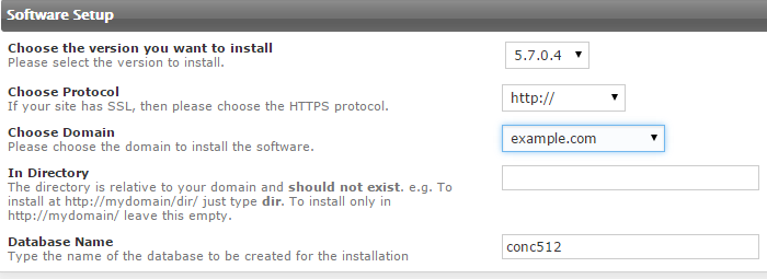 Configure software setup details for Concrete5 installation